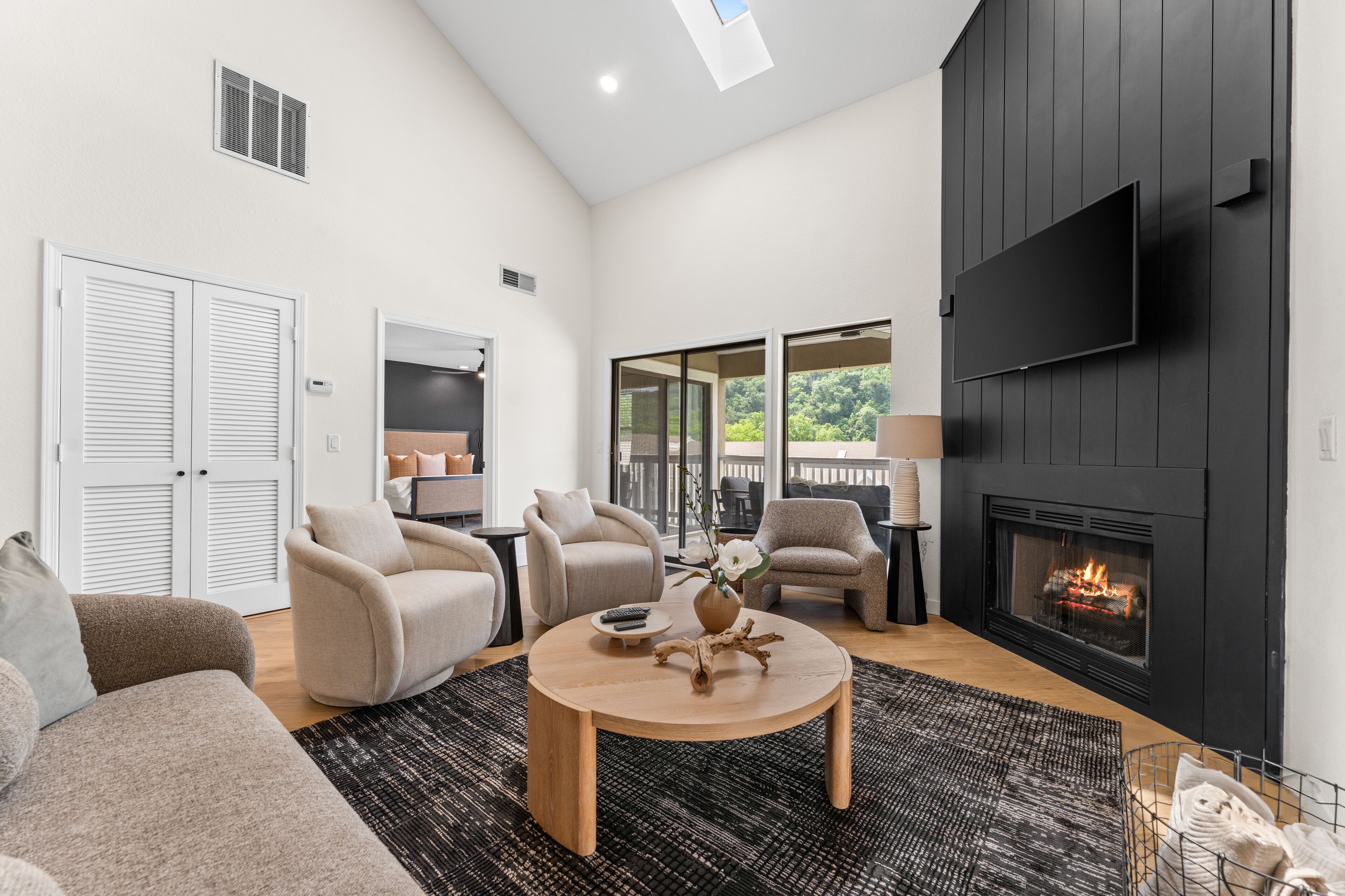 Smart TV, fireplace, books