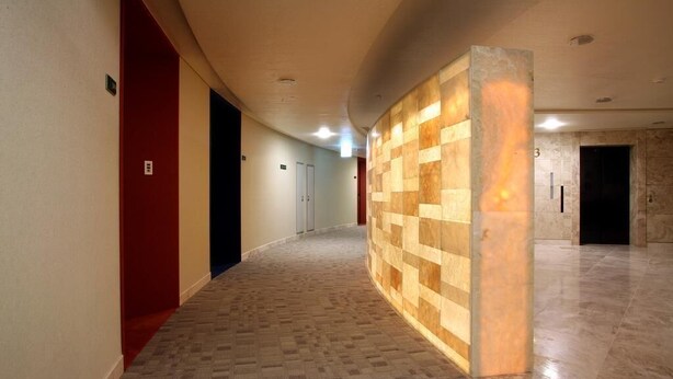 A hotel corridor with a patterned floor, a curved wall with a wooden panel design, and a door with a number. - Kinock Pet Hotel (Gyeongju)