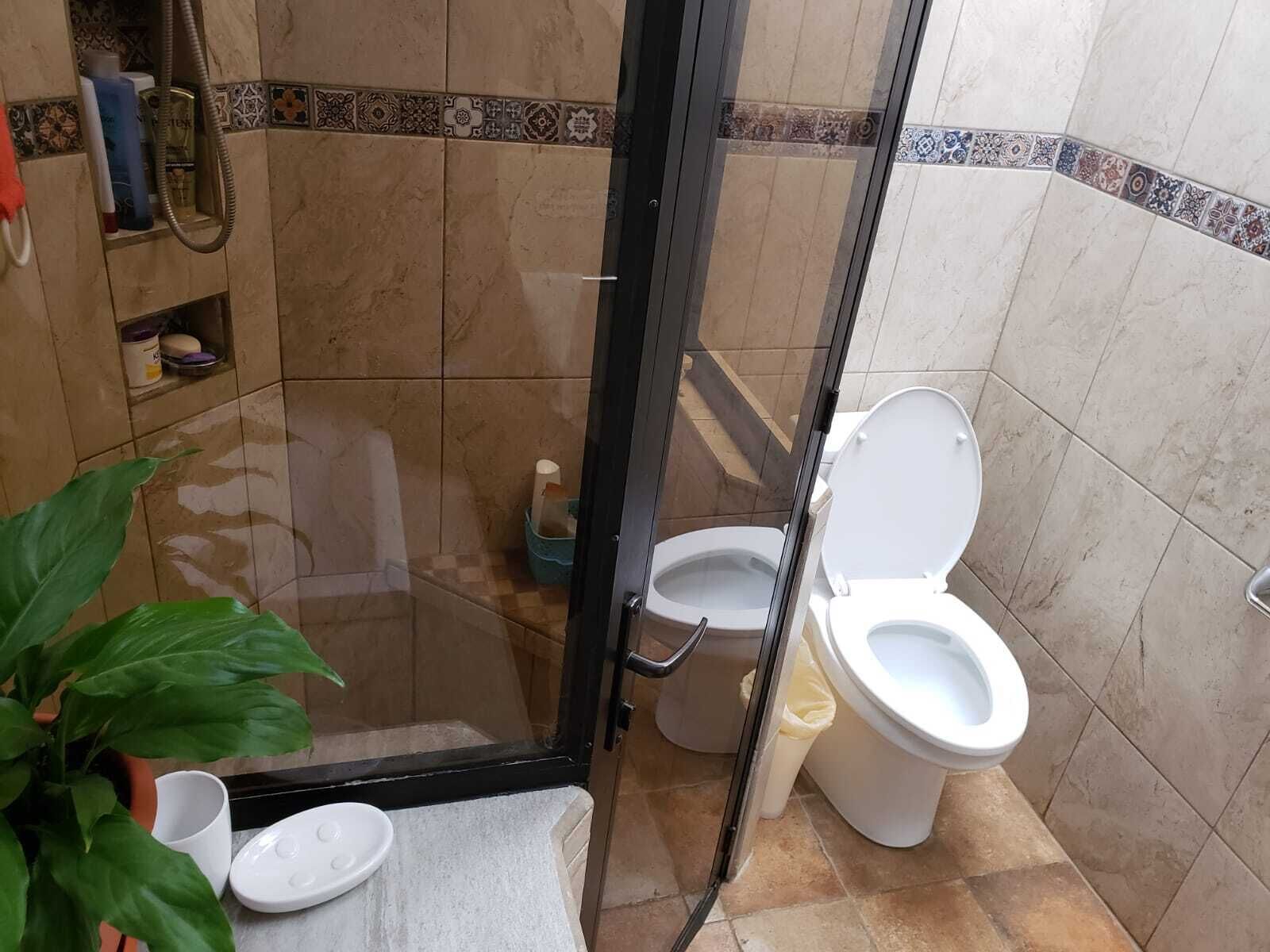 Hair dryer, towels, toilet paper