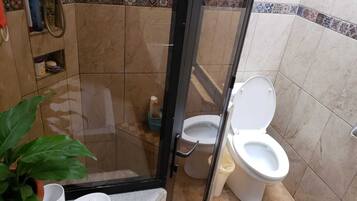 Hair dryer, towels, toilet paper