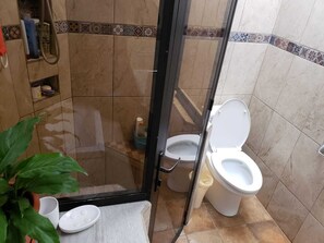 Secadora de cabello, toallas, papel de baño 