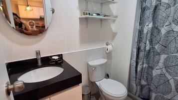 Secadora de cabello, toallas, jabón, papel de baño