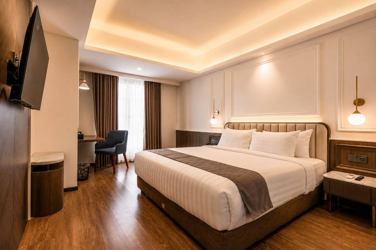 Quarto de hotel com uma cama grande, mesas de cabeceira, escrivaninha, cadeira e televisão.