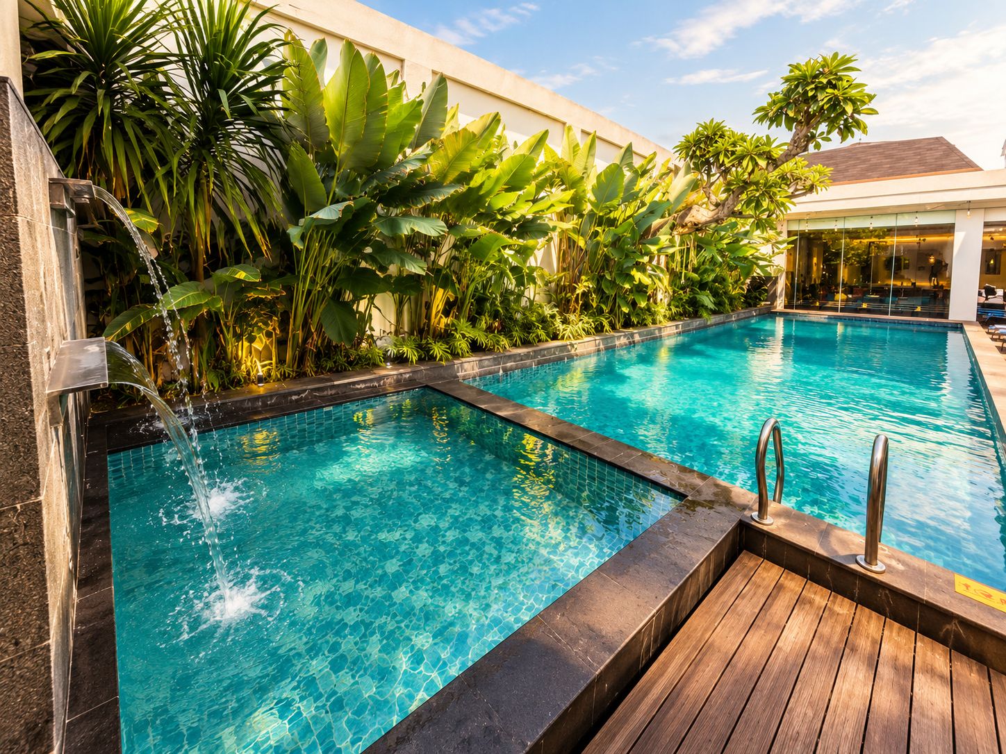 A swimming pool with clear blue water, surrounded by lush greenery and a wooden deck.