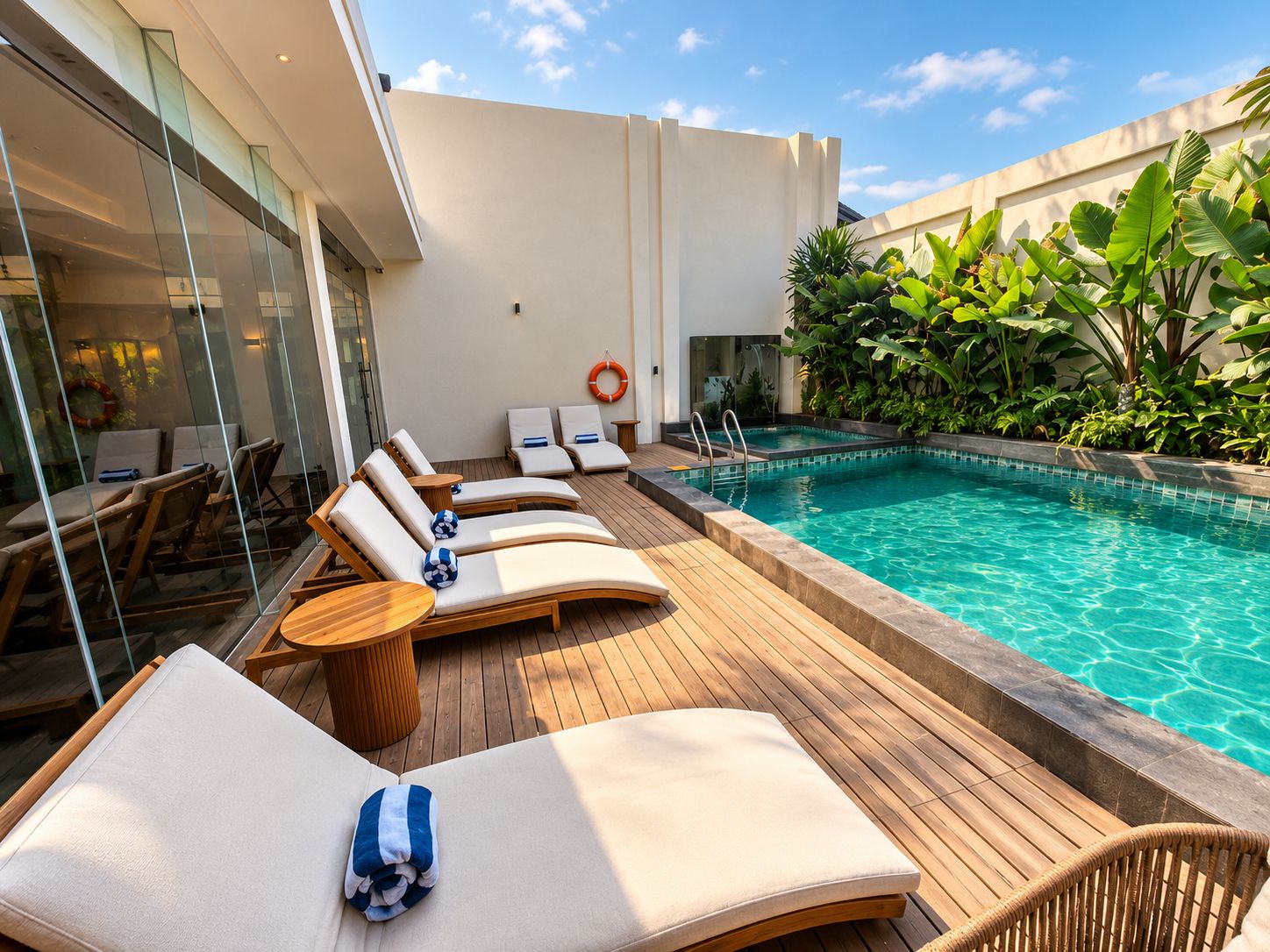 Un espace aménagé au bord de la piscine, avec des chaises longues, une petite piscine et une végétation luxuriante.