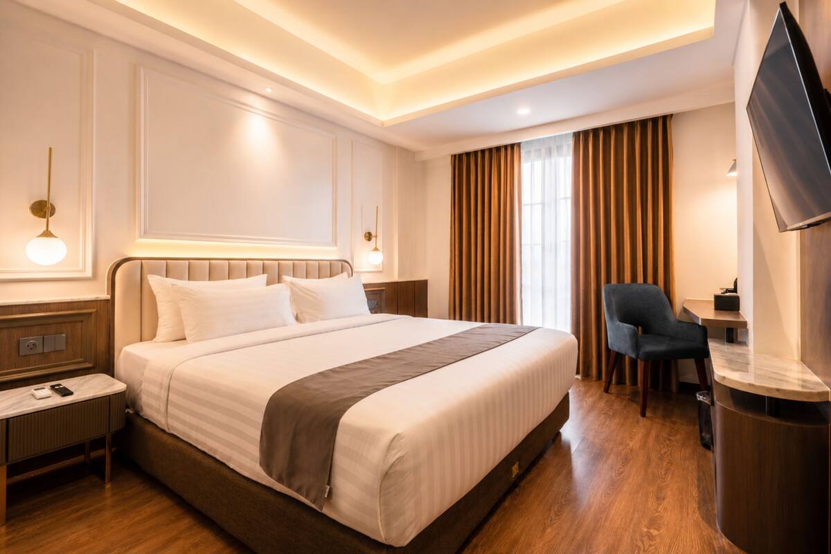 Quarto de hotel com uma cama grande, mesas de cabeceira, escrivaninha, cadeira, televisão e janela com cortinas.