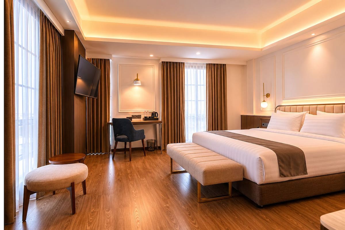 Quarto executivo | Frigobar, cofres nos quartos, escrivaninha, cortinas blackout