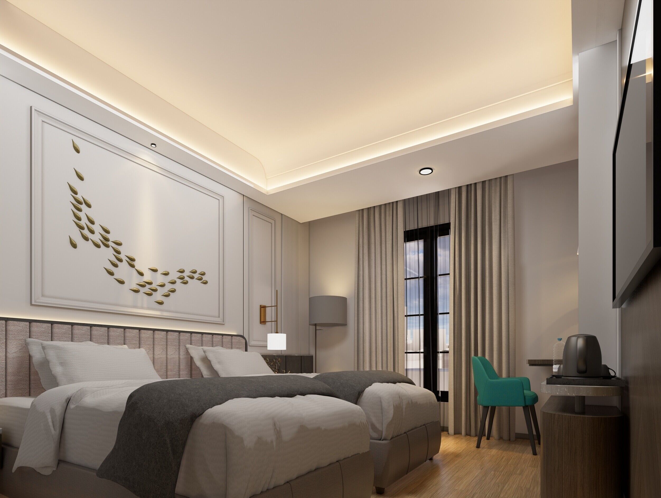 Deluxe Twin Room | Minibar, in-room safe, desk, blackout drapes