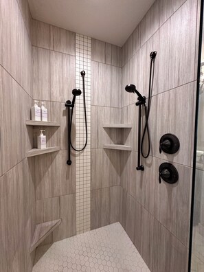 Hair dryer, towels, soap, shampoo