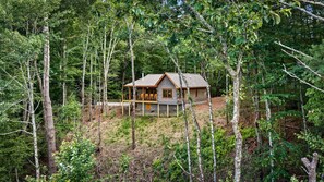 A cabin surrounded by dense forest, with a porch and a deck. - Mountain View Retreat - Pet Friendly | Mountain View (Blue Ridge)
