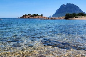 A coastal scene with clear water, a rocky island, and a mountain in the background. - A wonderful view of the island of Tavolara (Monte Petrosu)