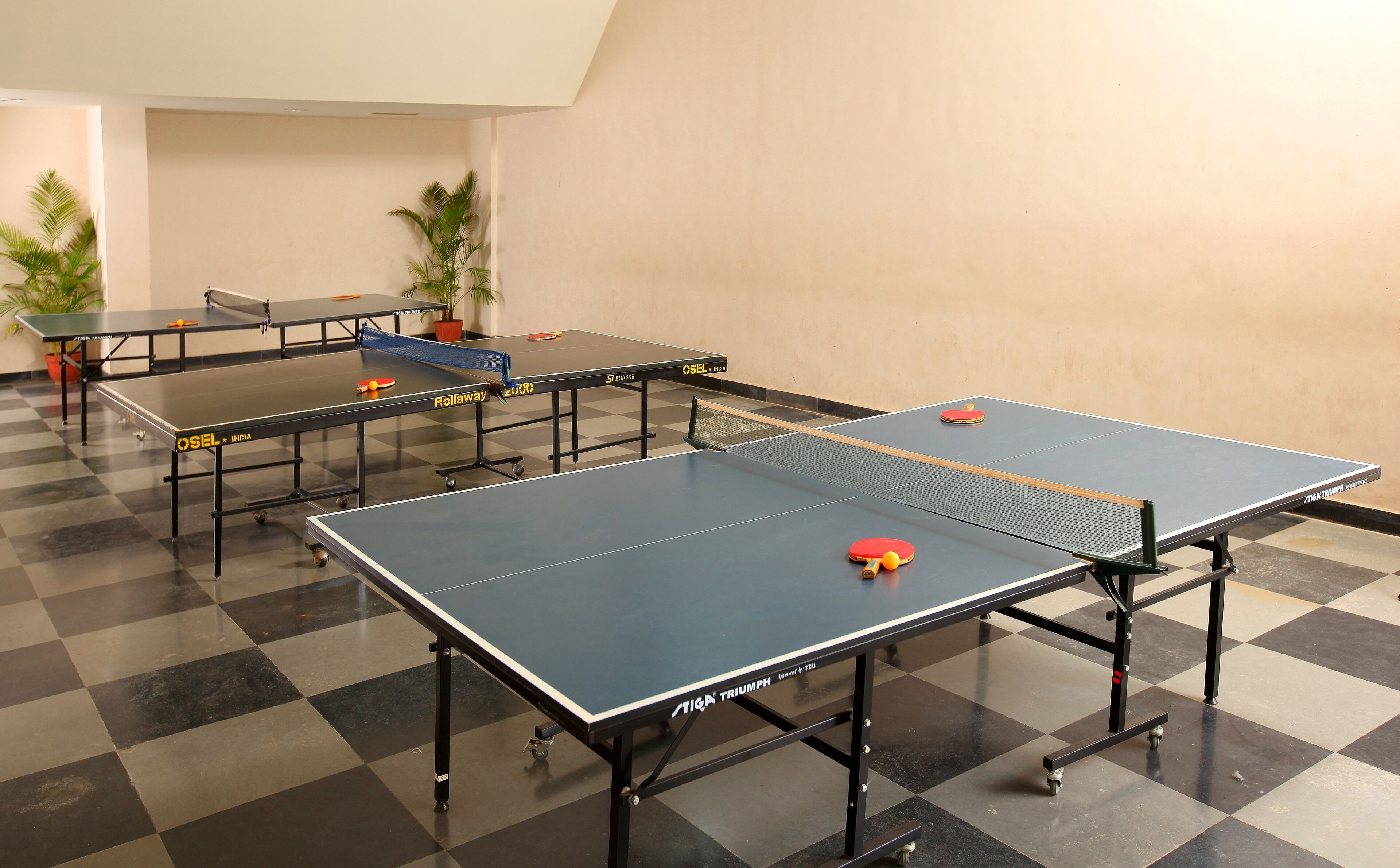 Una sala con varias mesas de ping pong, cada una con su red y pelota.