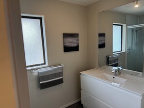 Shower, towels, toilet paper