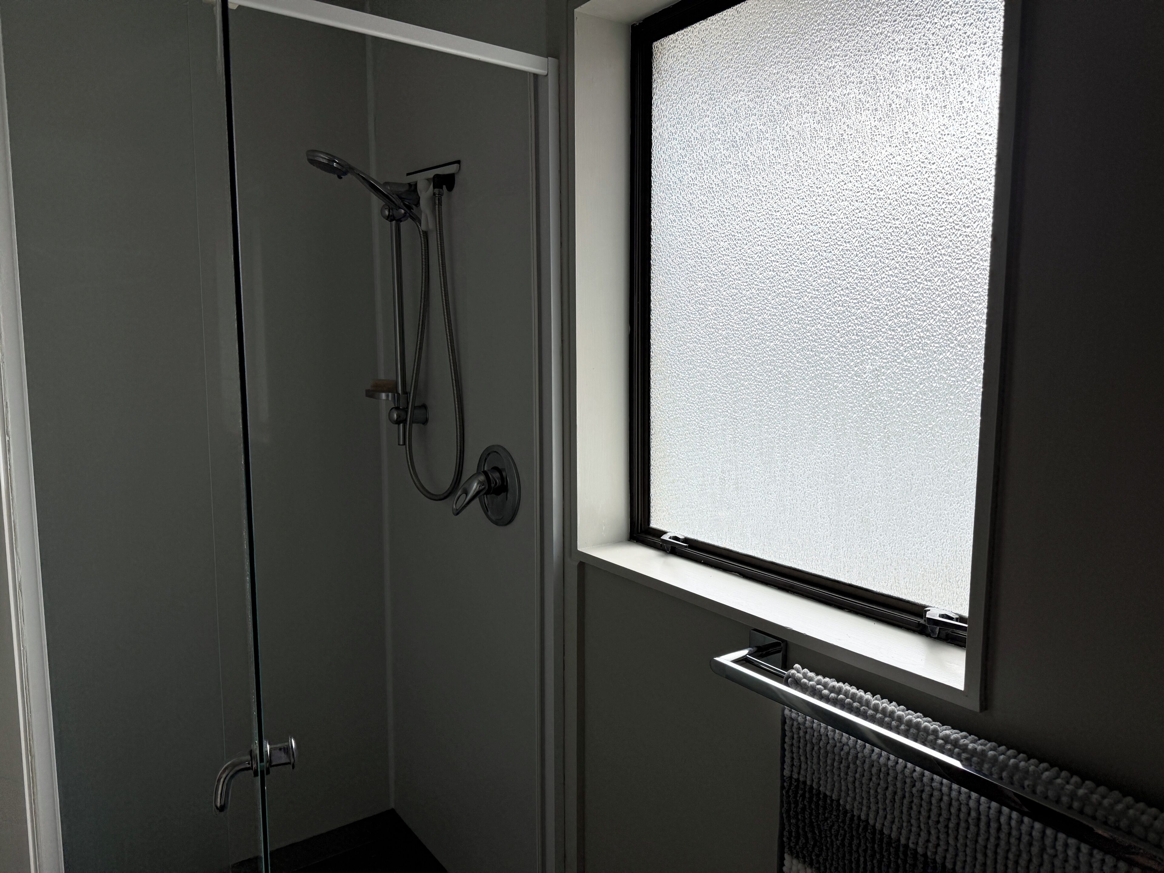 Shower, towels, toilet paper
