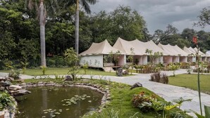 A series of tents in a garden setting with a pond and lush greenery. - Aranya Vilas - A Nature Resort (Udaipur)