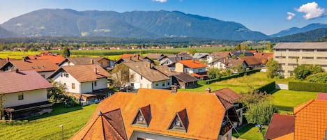 A residential area with houses, a prominent building, and mountains in the background.