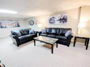 Smart TV, fireplace, books