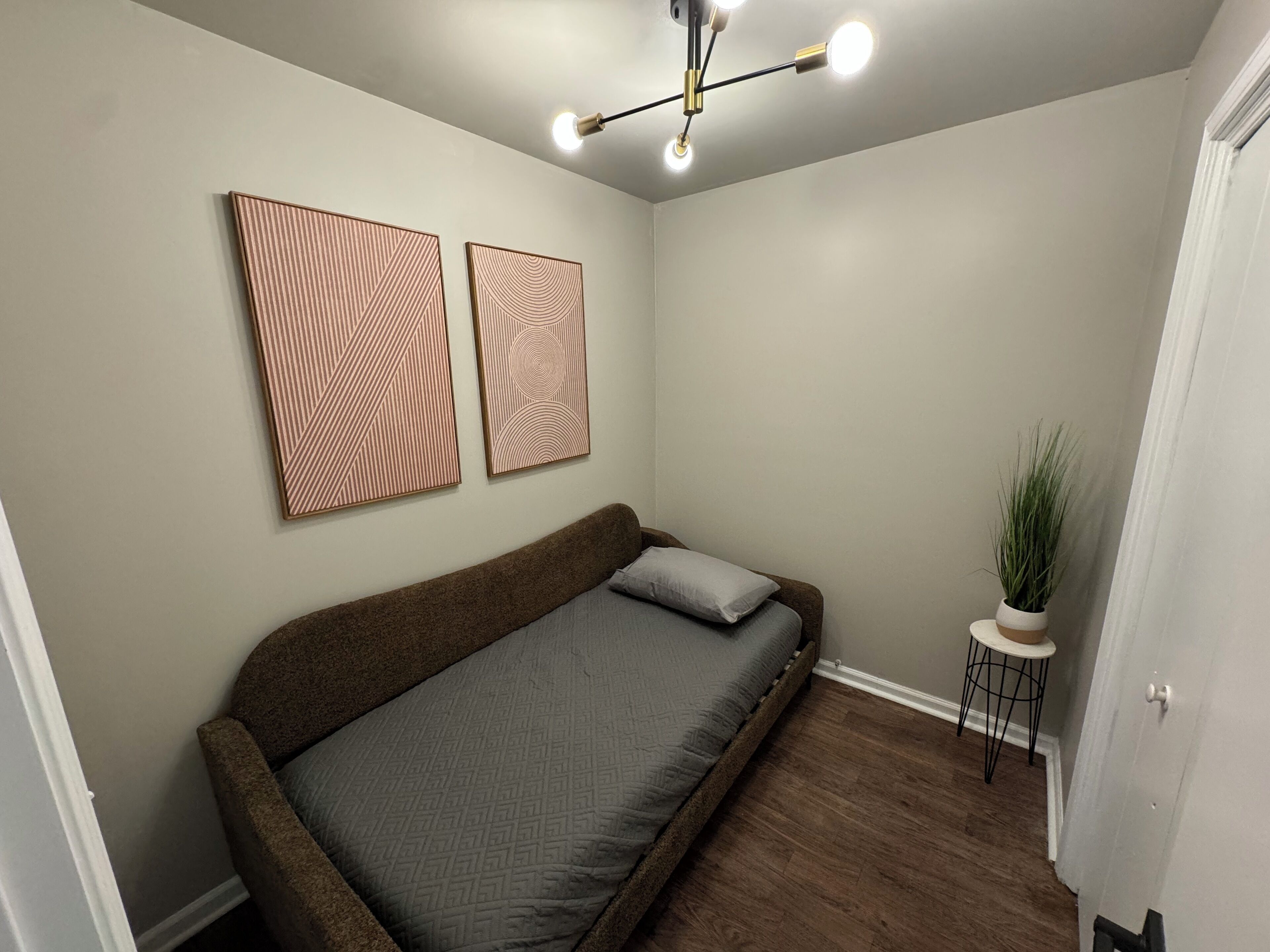 A small, cozy room with a single bed, two wall-mounted artworks, a modern ceiling light, and a small potted plant.