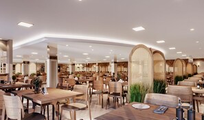 Um restaurante espaçoso com diversas áreas de refeição, mobiliário de madeira e um design de teto moderno.