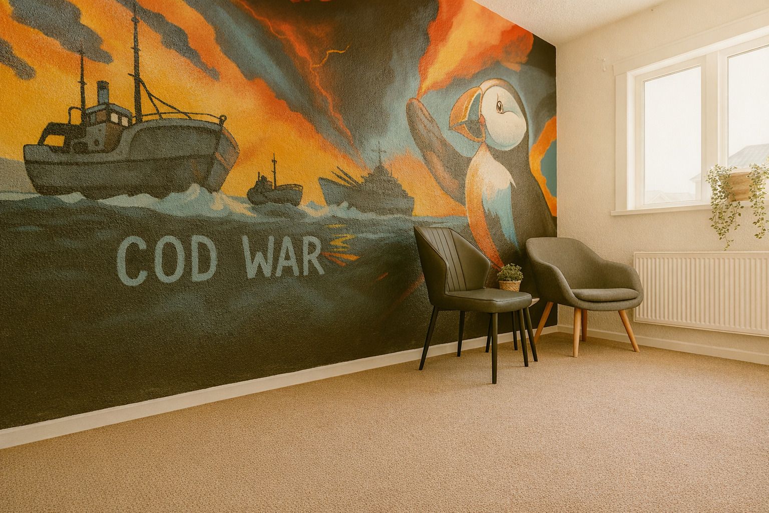 Ein Zimmer mit Wandgemälde, das ein Schiff zeigt, und dem Text „COD WAR“. Es gibt zwei Stühle und eine Heizung.