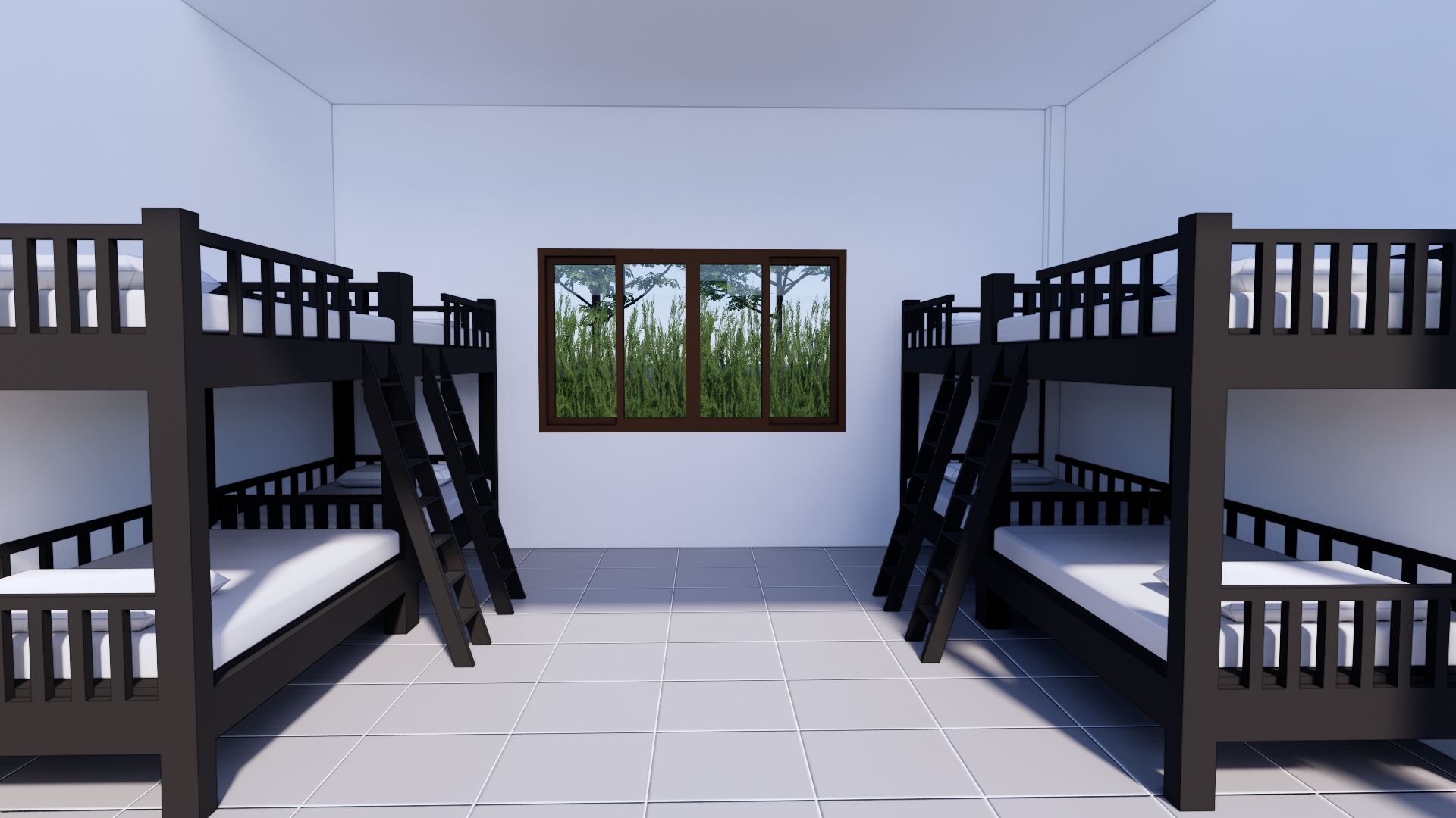 A room with two bunk beds, a window with a view of trees, and tiled flooring.