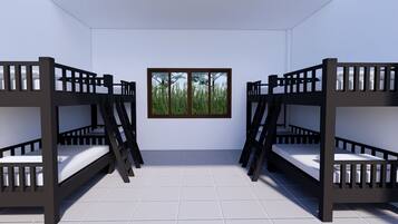 A room with two bunk beds, a window with a view of trees, and tiled flooring.