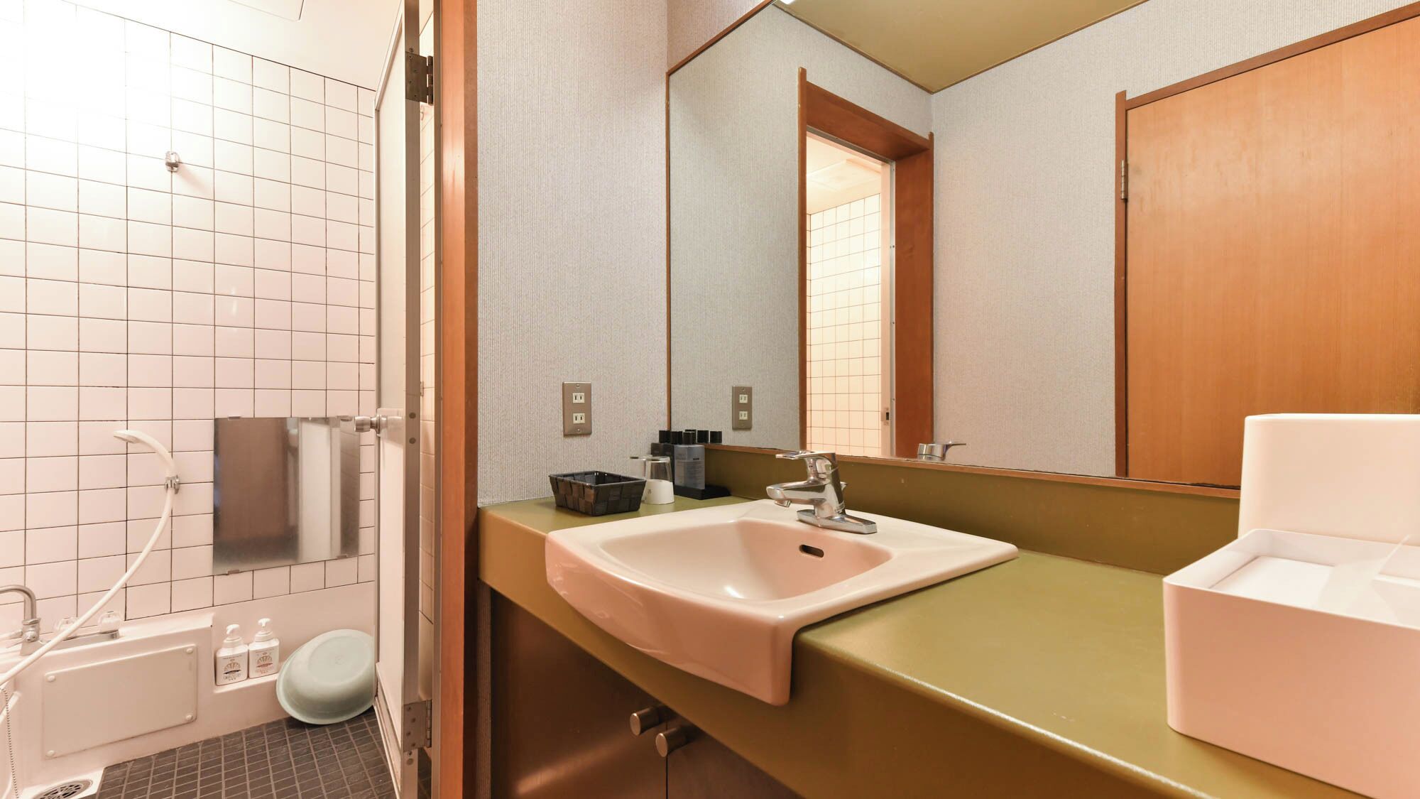 Un baño con lavamanos, espejo e inodoro con ducha.