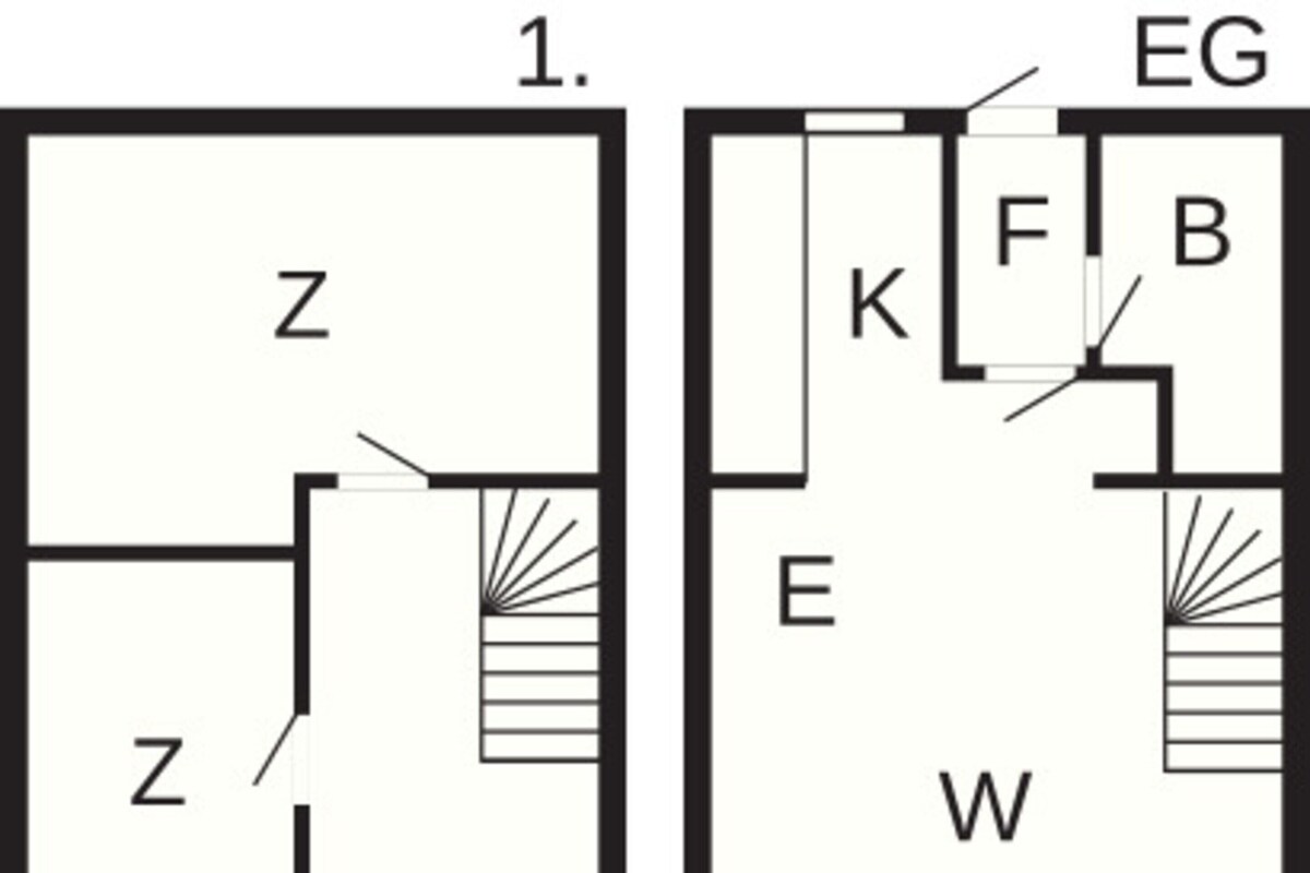Two floor plans with labeled rooms Z, K, E, W, TE, and BG.