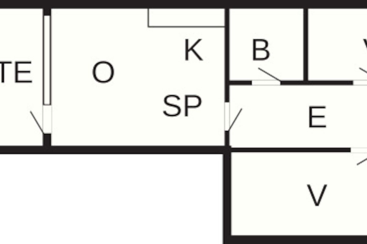 Ein Grundriss mit den gekennzeichneten Räumen TE, O, SP, B, E und V.