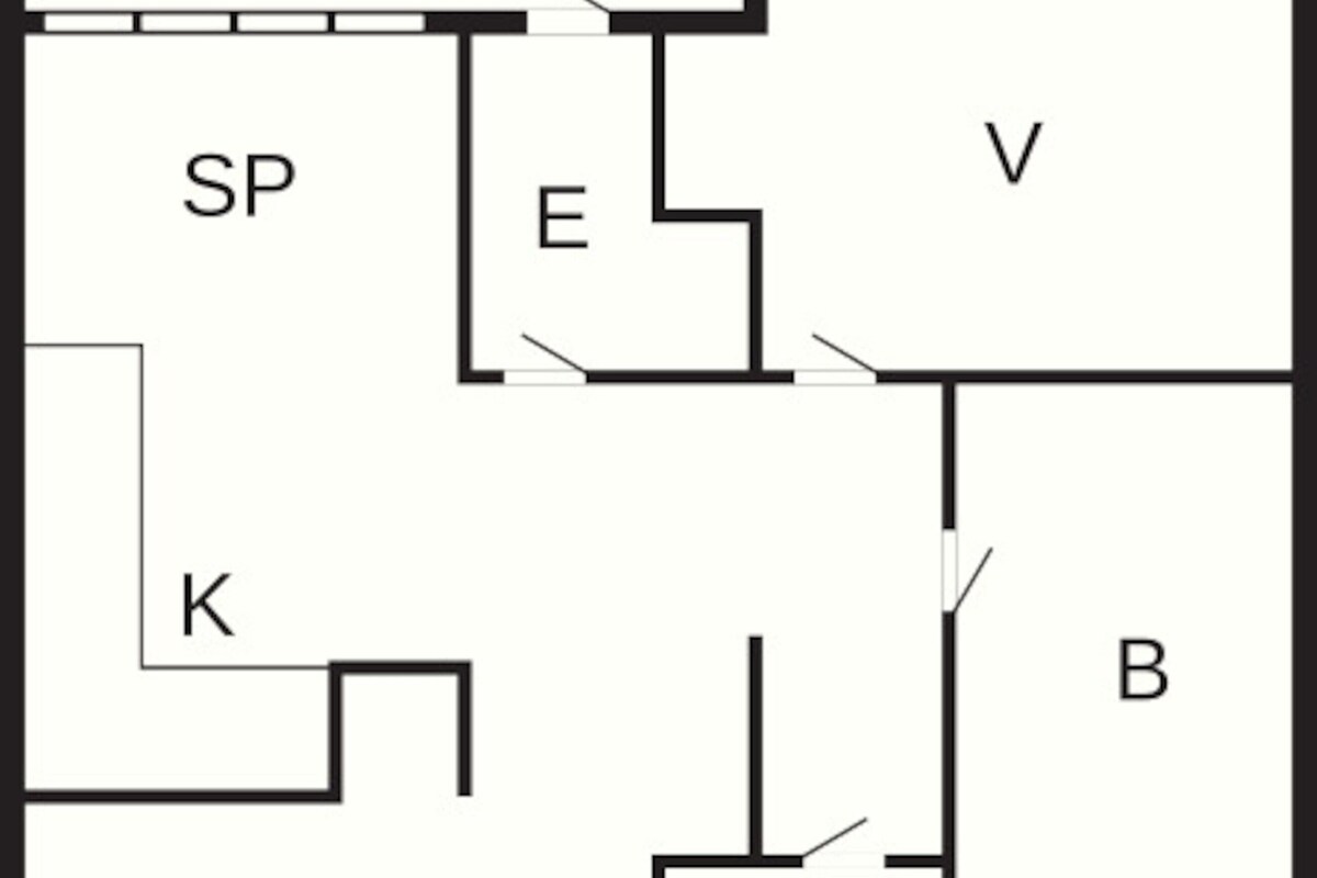 A floor plan with labeled rooms: SP, E, V, B, K, and O.