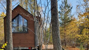 Une cabane dotée d’une grande fenêtre, entourée d’arbres et agrémentée d’une terrasse en bois.