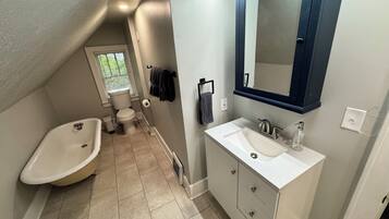 Hair dryer, towels, soap, toilet paper