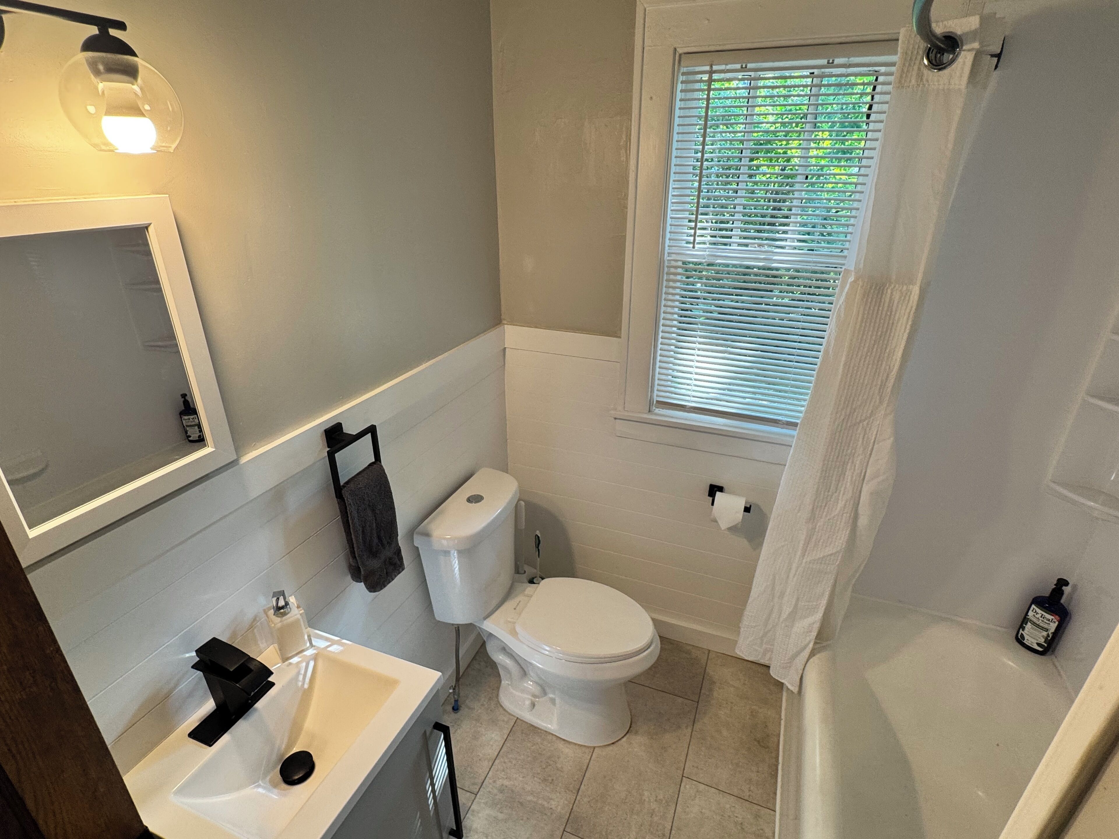Une salle de bain avec des toilettes, un lavabo et une baignoire.
