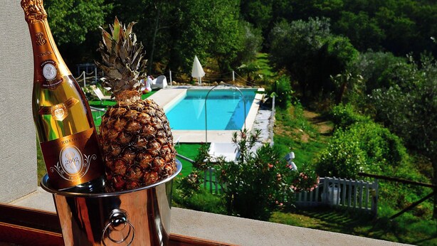 A bottle of champagne and a pineapple on a balcony with a pool and lush greenery in the background. - Dream Tuscany (Toscana)