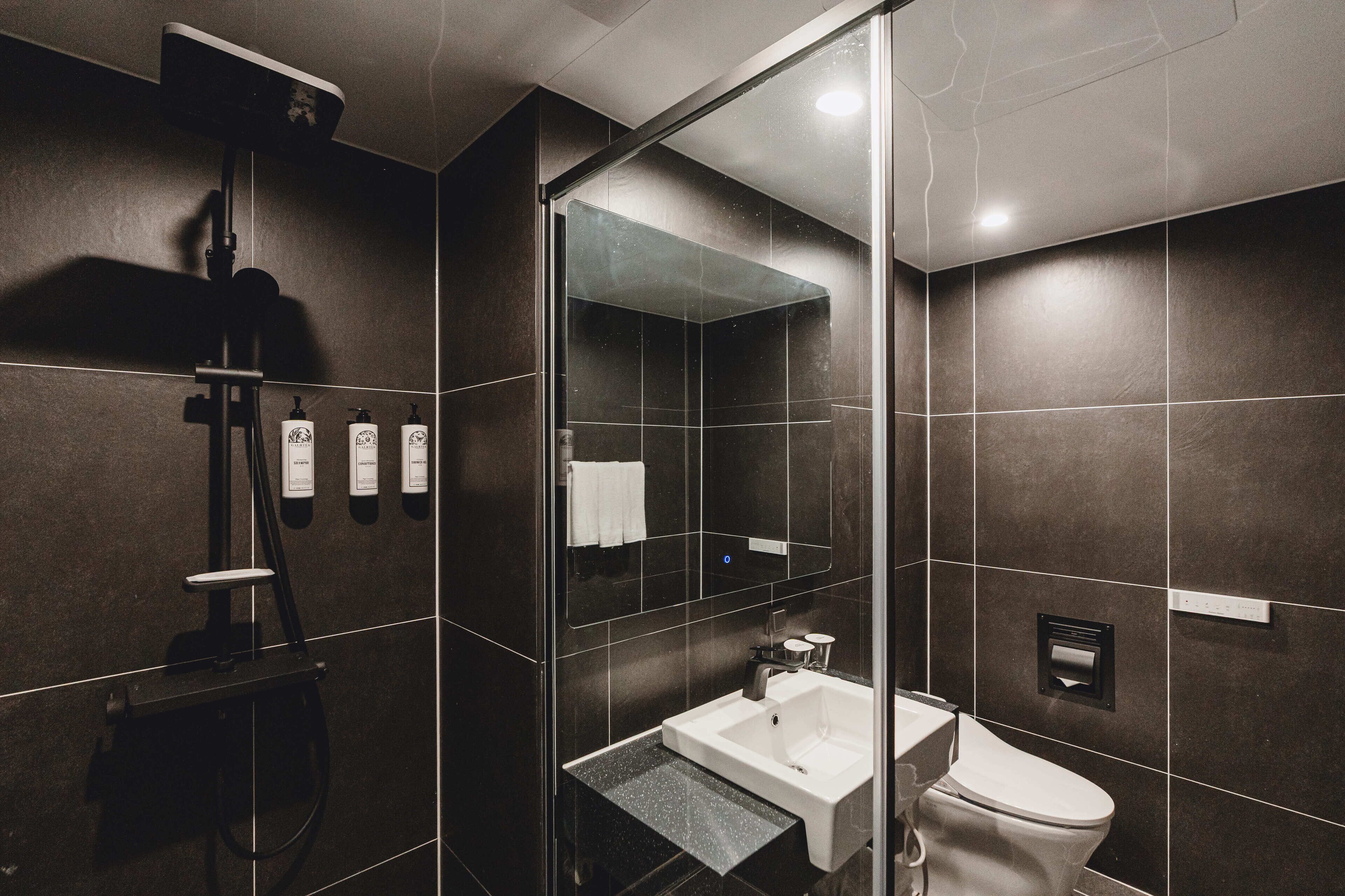 A modern bathroom with a glass-enclosed shower, a white sink, and a toilet.
