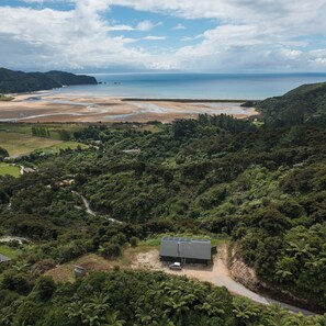 Aerial view - Little Greenie, Passive House, Golden Bay. (Takaka)