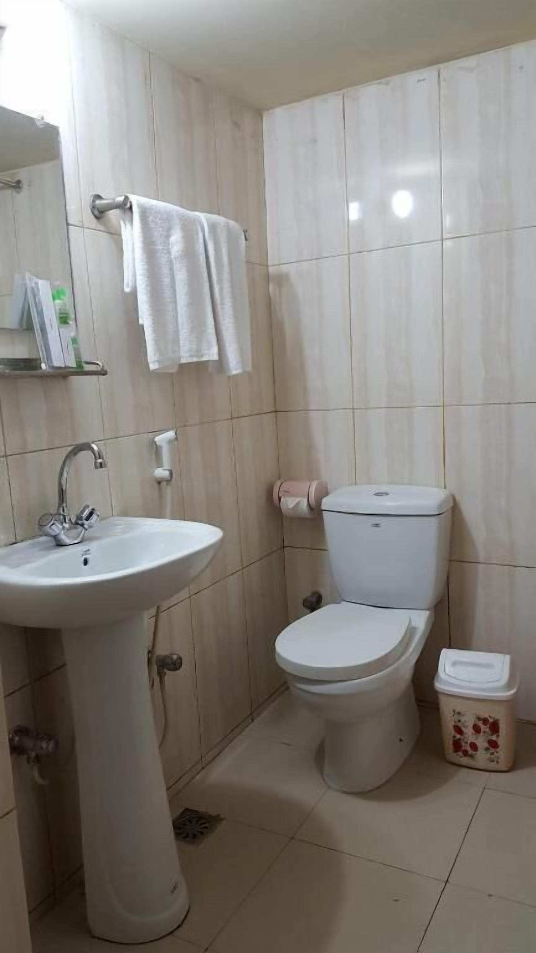 Une salle de bain avec un lavabo sur colonne, des toilettes et une poubelle.