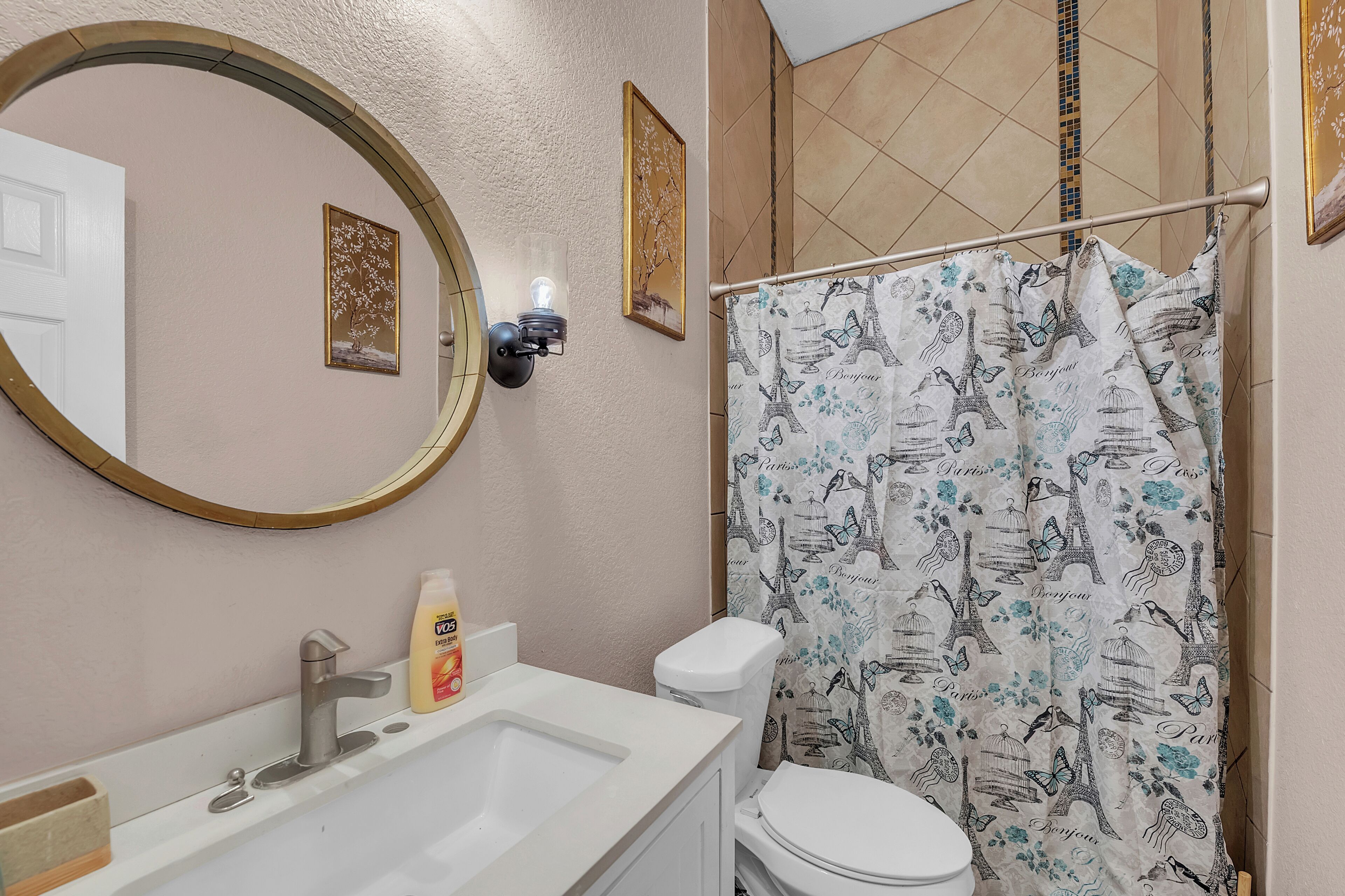 Hair dryer, towels, soap, toilet paper