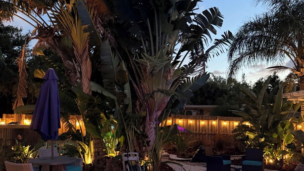 Ein Poolbereich mit blauem Pool, Korbstühlen und einem überdachten Tisch.