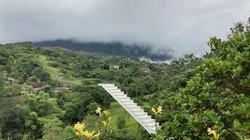 A staircase leading up a hill with lush greenery and a house in the background.