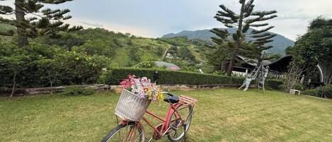 A bicycle with a basket on a grassy area with trees and a mountain in the background.