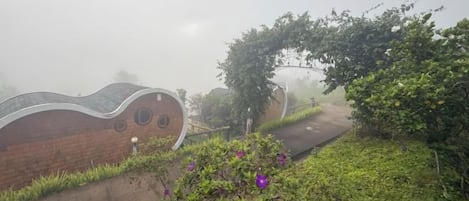 Un edificio de ladrillo con techo curvo y ventanas circulares, rodeado de vegetación y un sendero.