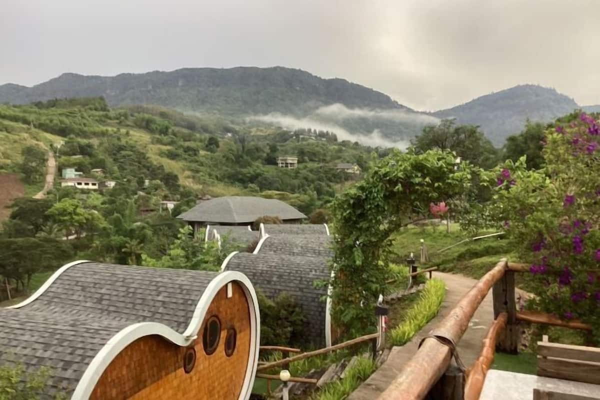 Uma casa de madeira rústica com um design de telhado curvo único, rodeada por vegetação exuberante e montanhas ao fundo.
