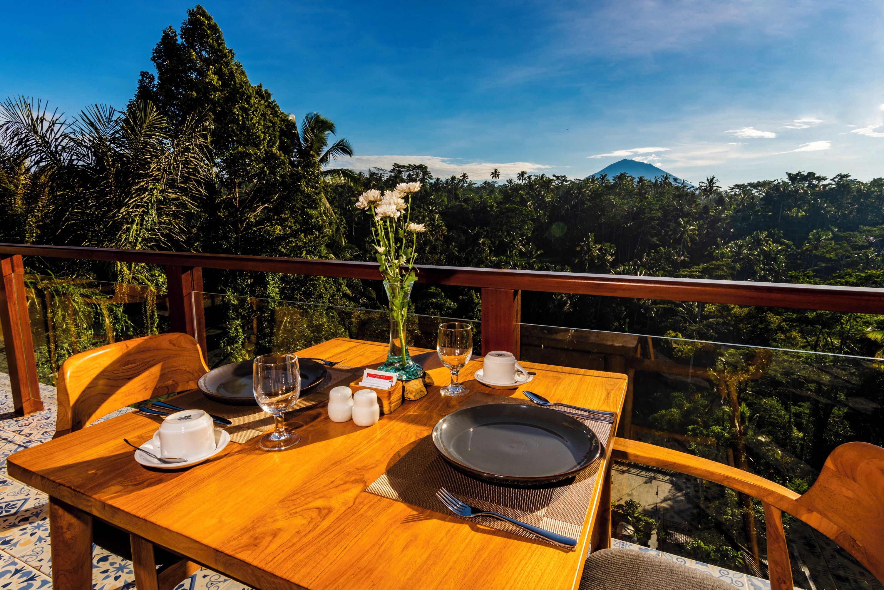 A dining table set with plates, cutlery, and a vase of flowers, overlooking a lush landscape with trees and a mountain.