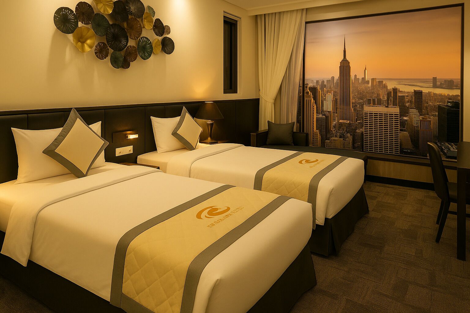 A hotel room with two beds, a cityscape view, a decorative wall, and a desk with a chair.