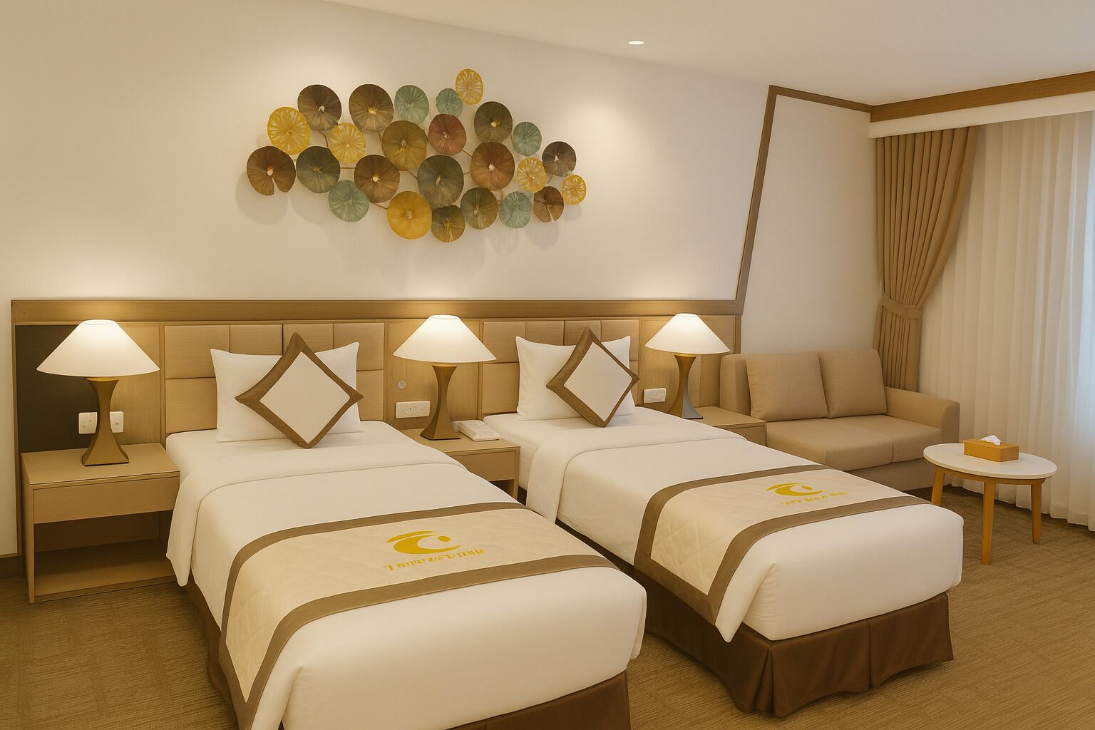 A hotel room with two beds, a sofa, a small table, and a decorative wall piece.