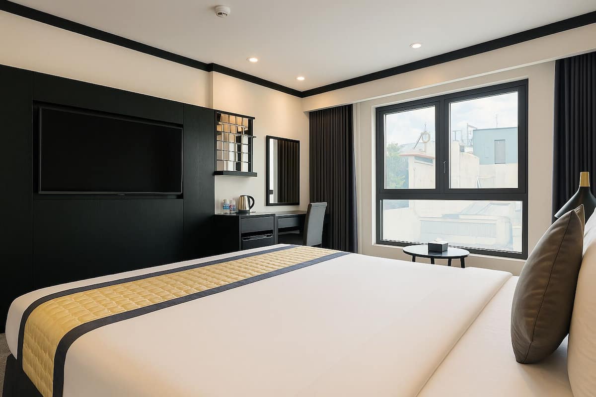 Habitación de hotel con una cama grande, un escritorio, una silla, un televisor y una ventana con vista a edificios.