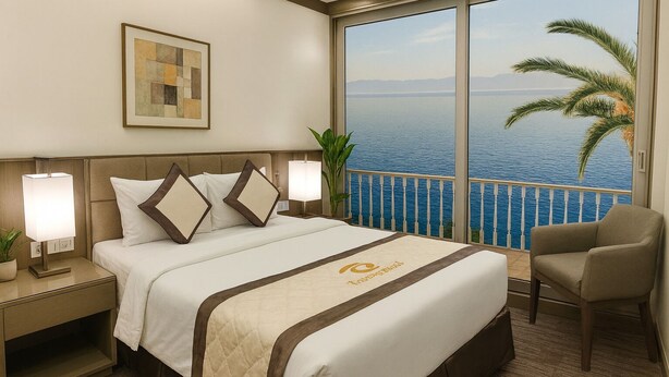 Een hotelkamer met een groot bed, twee nachtkastjes, een stoel en uitzicht op zee.