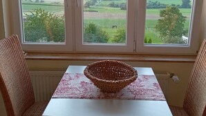 Une pièce avec une table et deux chaises en osier, une fenêtre donnant sur un paysage verdoyant et un panier décoratif posé sur la table.