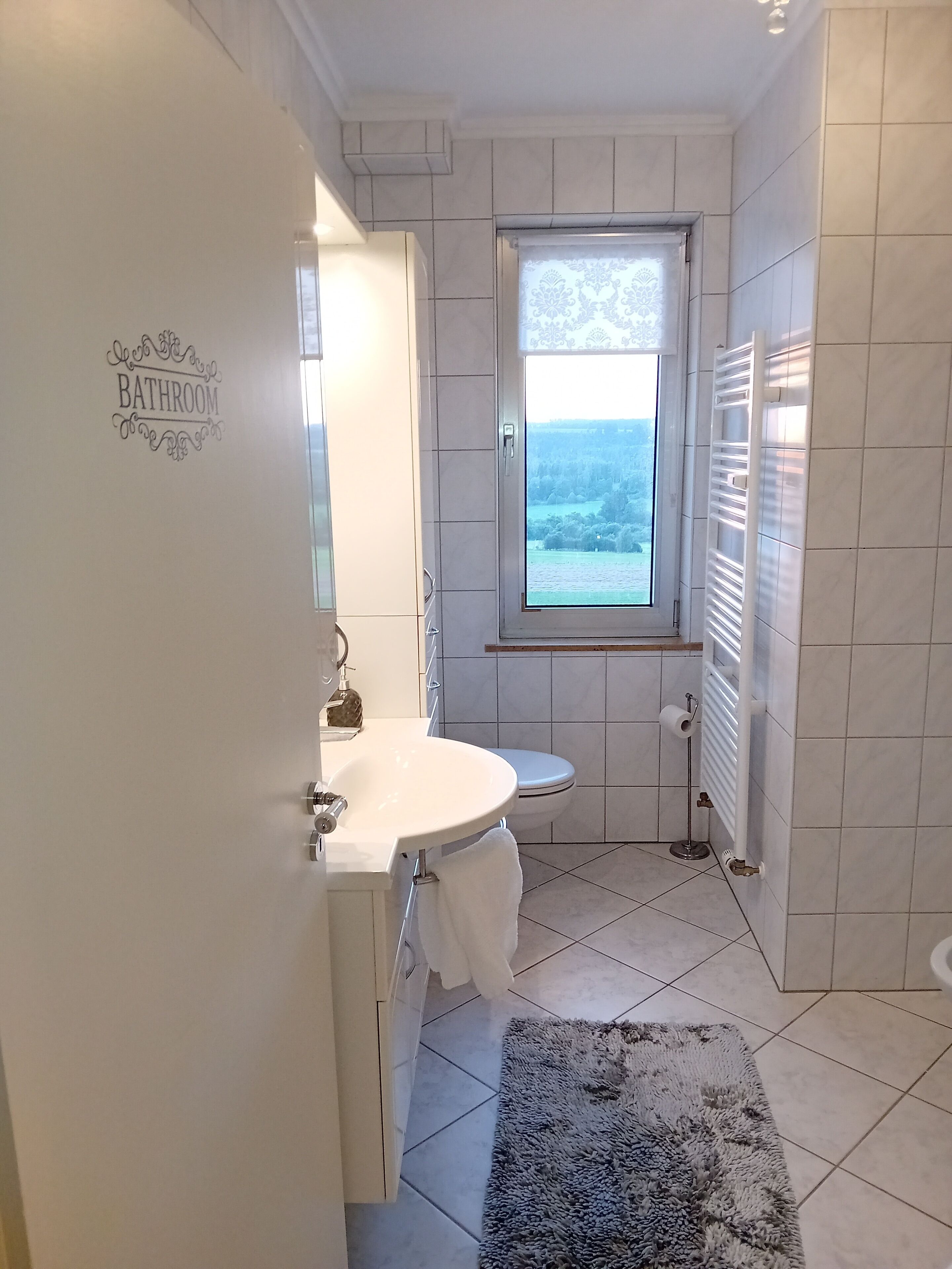 A bathroom with a toilet, sink, and a window with a view of the outdoors.